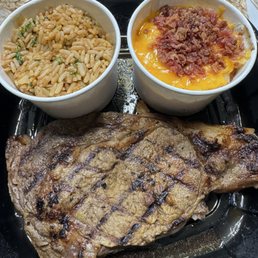 Ribeye with seasoned rice & loaded mashed potatoes Ribeye with seasoned rice & loaded mashed potatoes