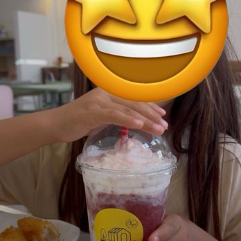 Yellow House Cafe  - strawberry cream smoothie. It was thick, creamy, and full of real berry bits our daughter couldn't stop sipping - Cafes Near Me - Northridge, California