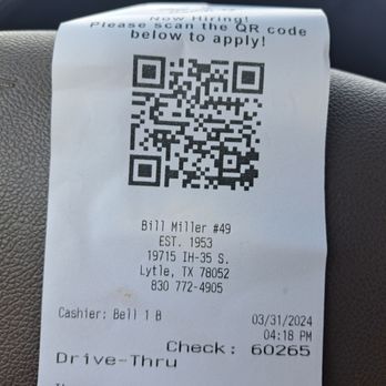 Bill Miller BBQ - Receipt with address, date, & time. - Barbeque Near Me - Lytle, Texas Bill Miller BBQ - Receipt with address, date, & time. - Barbeque Near Me - Lytle, Texas