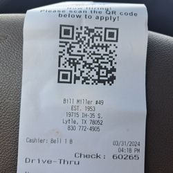 Bill Miller BBQ - Receipt with address, date, & time.