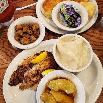 Cracker Barrel Old Country Store - Grilled catfish with 3 sides: apples, dumplings and fried okra ($11.99) - American Near Me - Clearwater, Florida Cracker Barrel Old Country Store - Grilled catfish with 3 sides: apples, dumplings and fried okra ($11.99) - American Near Me - Clearwater, Florida