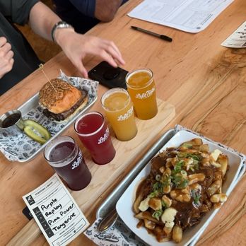 Left Field Brewery - Beer flight, pulled pork poutine, beef on weck sandwich - Brewpubs Near Me - Toronto, Ontario