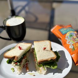 Healthy Eats - Turkey Pesto on gluten-free bread and a latte.