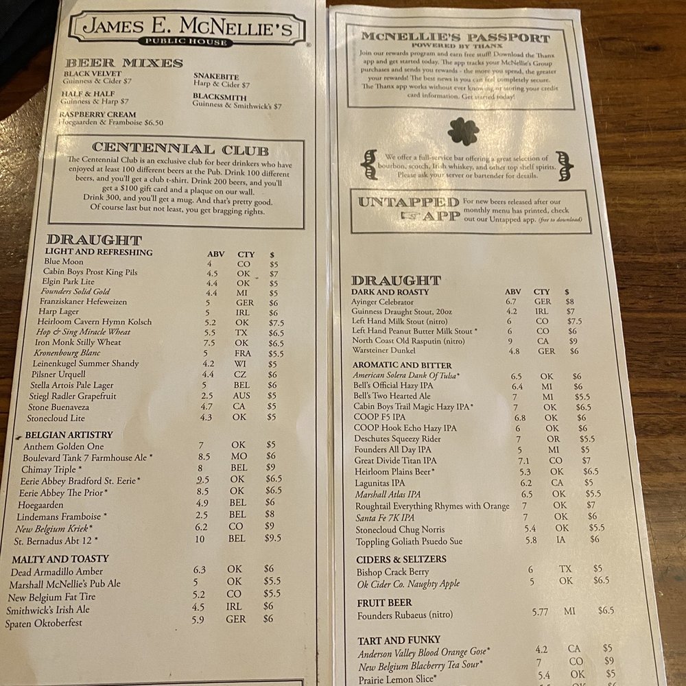 McNellie's - Drink menu - Pubs Near Me - Tulsa, Oklahoma