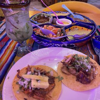 La Taquiza - Pastor and carnitas tacos w/ assortment of salsas and mojito; all delicious! - Tacos Near Me - Cabo San Lucas, BCS La Taquiza - Pastor and carnitas tacos w/ assortment of salsas and mojito; all delicious! - Tacos Near Me - Cabo San Lucas, BCS