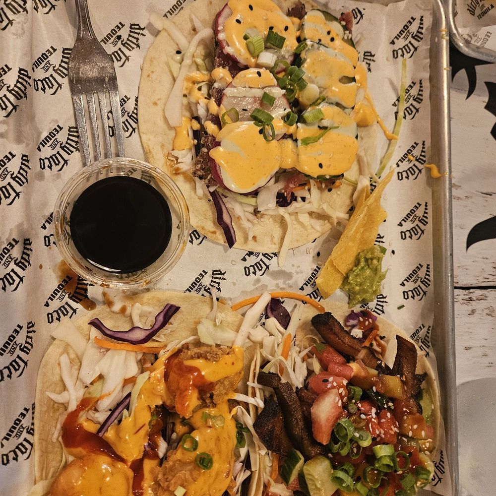 Dirty Taco + Tequila Bayside - Bang bang shrimp taco (left), pork belly (right), ahi tuna (top) - Tacos Near Me - Bayside, New York