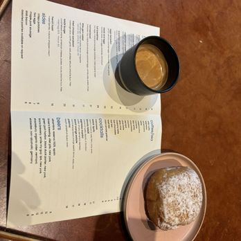 Paper Coffee - Macchiato, menu, and raspberry filled donut - Coffee & Tea Near Me - New York, New York