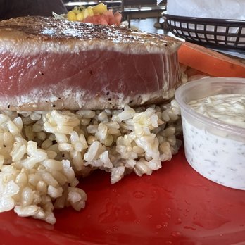 Coconut's Fish Cafe - Kamaole - Local Style Seared Ahi Plate (GF) with brown rice and colesaw - Seafood Near Me - Kihei, Hawaii Coconut's Fish Cafe - Kamaole - Local Style Seared Ahi Plate (GF) with brown rice and colesaw - Seafood Near Me - Kihei, Hawaii