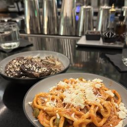 Bucatini (front) Beef stroganoff (back) Bucatini (front) Beef stroganoff (back)