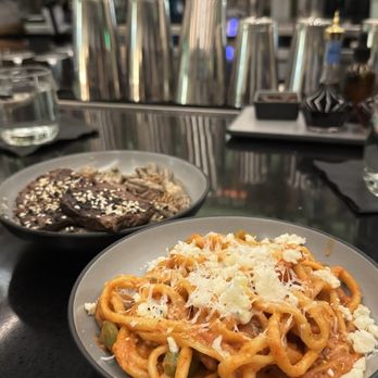 Boombots Pasta Shop - Bucatini (front) Beef stroganoff (back) - Pasta Shops Near Me - Denver, Colorado Boombots Pasta Shop - Bucatini (front) Beef stroganoff (back) - Pasta Shops Near Me - Denver, Colorado