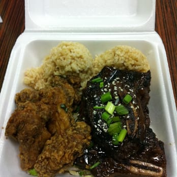 Pine Tree Cafe - 2 item plate: Kalbi and Korean chicken with brown rice - Breakfast & Brunch Near Me - Kailua-Kona, Hawaii Pine Tree Cafe - 2 item plate: Kalbi and Korean chicken with brown rice - Breakfast & Brunch Near Me - Kailua-Kona, Hawaii