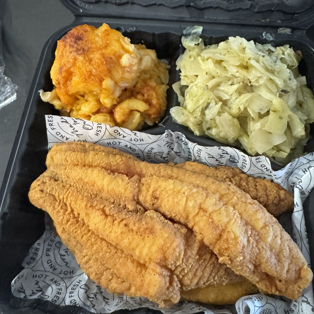 Aunt Vonda’s Kitchen Table - Catfish dinner with cabbage and 5 cheese Mac&Cheese - Soul Food Near Me - Newark, Delaware