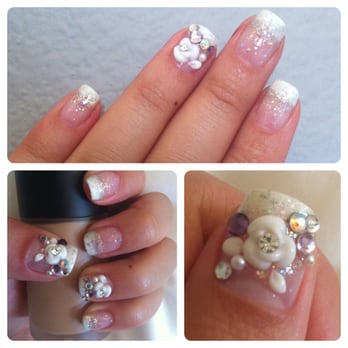 Holly Nails Spa - Design by Vi. Gel French gradient with 3D Flower art and gems. LOVE! - Nail Salons Near Me - Temple City, California Holly Nails Spa - Design by Vi. Gel French gradient with 3D Flower art and gems. LOVE! - Nail Salons Near Me - Temple City, California