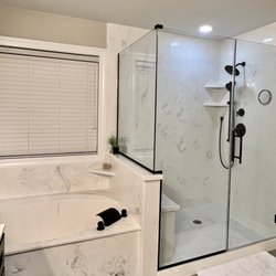 Easton Industries - "Country gray" cultured marble tub and walk in shower with black plumbing