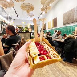 The Sister Brussels Café - Waffle - with pomegranate seeds, bananas, almonds