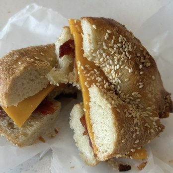 Crieve Hall Bagel - A bacon & cheese breakfast sandwich on a sesame bagel - Bagels Near Me - Nashville, Tennessee Crieve Hall Bagel - A bacon & cheese breakfast sandwich on a sesame bagel - Bagels Near Me - Nashville, Tennessee