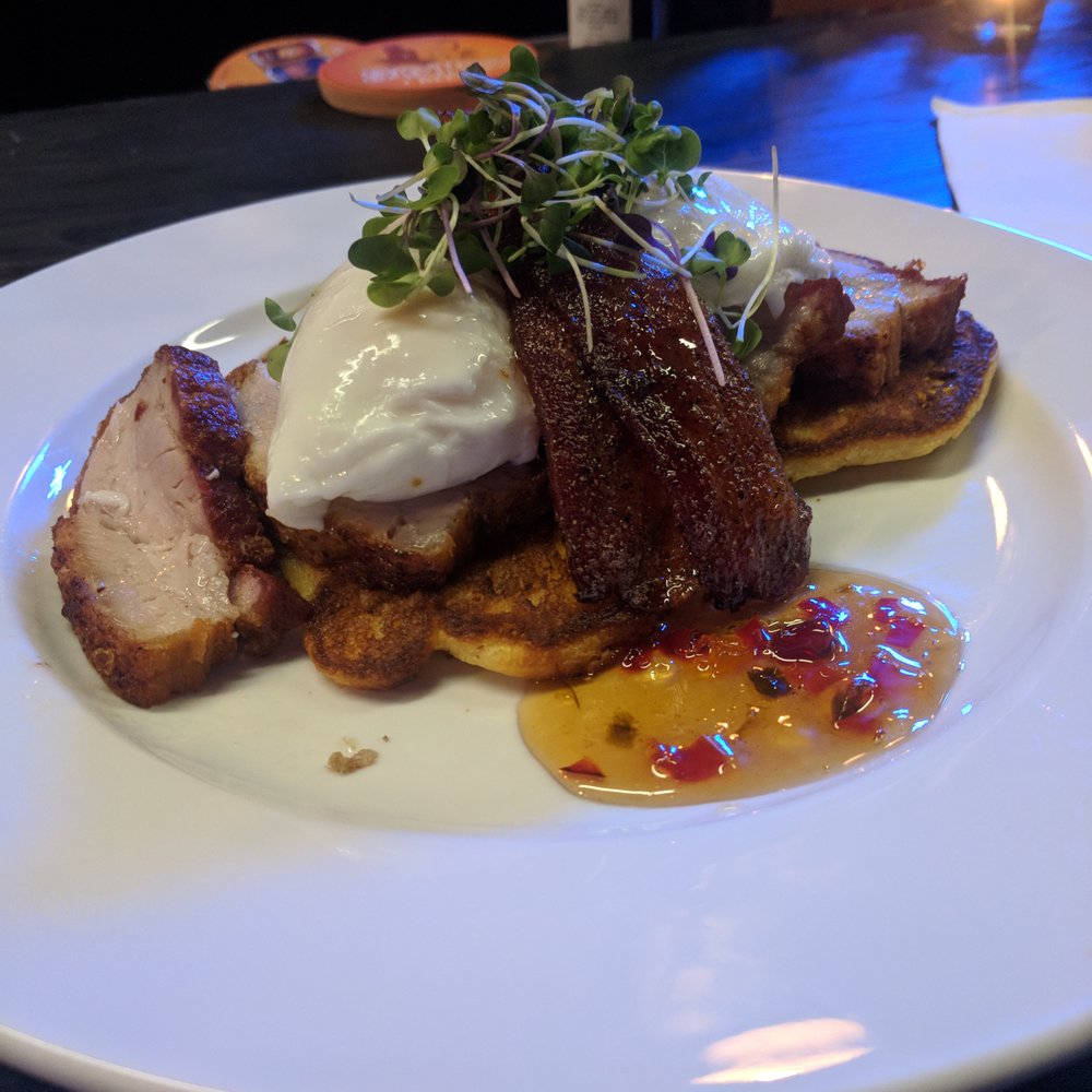 Northbound - The most amazing Pork Belly dish, served over corn pancakes with poached eggs, maple bacon and sweet pepper syrup.YUM!! - Gastropubs Near Me - Souderton, Pennsylvania Northbound - The most amazing Pork Belly dish, served over corn pancakes with poached eggs, maple bacon and sweet pepper syrup.YUM!! - Gastropubs Near Me - Souderton, Pennsylvania