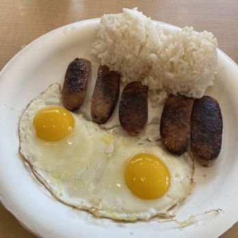 Aiea Pancake House - Scottish Bangers, sunny side up and rice - Breakfast & Brunch Near Me - Aiea, Hawaii