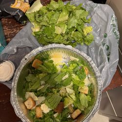 Chicken Caesar, soggy croutons, burnt chicken (not pictured), ROTTING LETTUCE