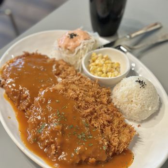 Brown Donkatsu - Brown Donkatsu - a huge platter of brown curry pork katsu rice with corn salad & rice - Korean Near Me - Toronto, Ontario