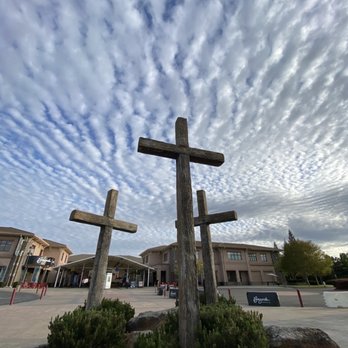 Bayside Cafe - three wooden crosses in front of a building - Coffee & Tea Near Me - Roseville, California
