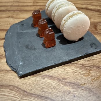 Lazy Bear - Treats - Quince Gummy Bear and White Chocolate Blood Orange Macaron - New American Near Me - San Francisco, California