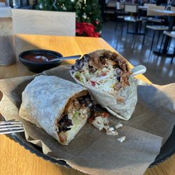 Burrito Parrilla Mexicana - Naperville Ogden - Al pastor burrito with black beans.  $9.99 before tax (Dec 2025)