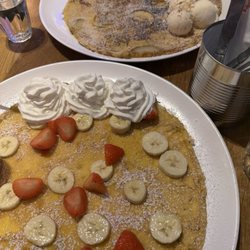 My Old Dutch - Top: Cinnamon & Pear Sweet Pancake with Vanilla Ice Cream Bottom: Banana & Strawberry Sweet Pancake with Vanilla Cream