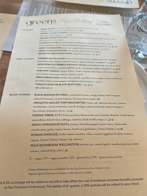 Menu photo 1 Greens Restaurant San Francisco, CA Menu photo 1 Greens Restaurant San Francisco, CA