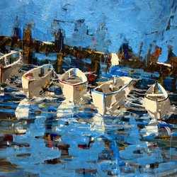 Connie Engel Art - Docked 60 x 48 Enjoy the reflections and movement in this selection of works. Boats and blue sky above prevail in this peaceful image.