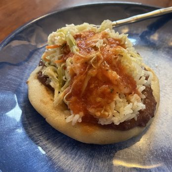El Tazumal - Pupusa with refried beans, Curtido and red sauce - Salvadoran Near Me - San Pablo, California