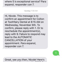 This is the confirmation text from Toothfairy Dental