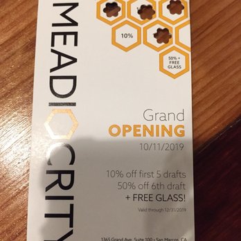 Meadiocrity Mead - Grand Opening punch card! 10% off 5 drafts- 50% off 6th draft. - Meaderies Near Me - San Marcos, California Meadiocrity Mead - Grand Opening punch card! 10% off 5 drafts- 50% off 6th draft. - Meaderies Near Me - San Marcos, California