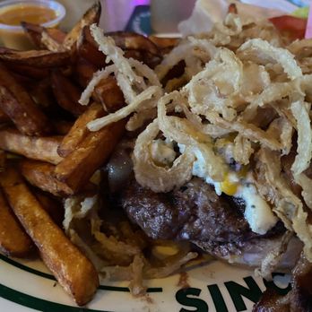 Flanigan's - Coconut Grove - Texas burger with bacon, blue cheese and tumbleweed onions, served with sweet potato fries- Yum!! - Seafood Near Me - Coconut Grove, Florida Flanigan's - Coconut Grove - Texas burger with bacon, blue cheese and tumbleweed onions, served with sweet potato fries- Yum!! - Seafood Near Me - Coconut Grove, Florida