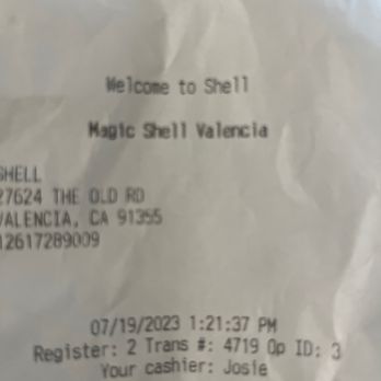 Shell - Receipt. Not sure who Josie is. - Gas Stations Near Me - Valencia, California Shell - Receipt. Not sure who Josie is. - Gas Stations Near Me - Valencia, California