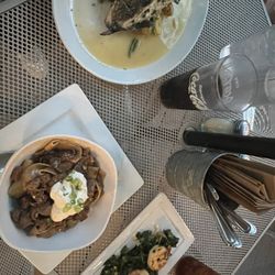 The Tipsy Trout - Stuffed trout, polenta with shrimp, beef stroganoff