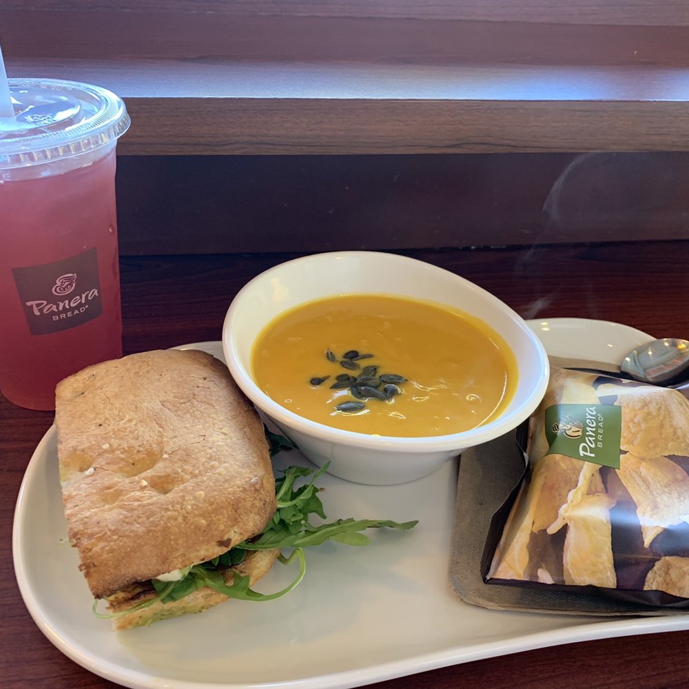 Take Two - vegetarian autumn squash soup and half modern caprese sandwich with chips and plum ginger hibiscus tea