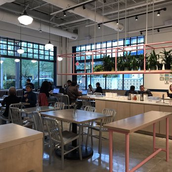 Bakery Lorraine - Clean and modern.  Water and silverware station in the middle.  Order up front and they bring your food out to you. - Bakeries Near Me - Austin, Texas