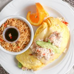 Good Day Cafe - The Serena Crab Omelet with our popular bacon fried rice.