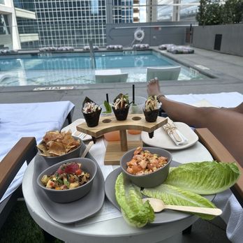 Aura Rooftop - Grilled Pineapple Salsa, Spicy Shrimp Lettuce Cups, Spicy Tuna*, and Pink Fairy in the Garden. - Cocktail Bars Near Me - Charlotte, North Carolina