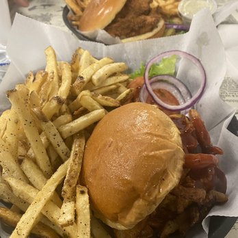 Ground Restaurant - Sweet and Smokey BBQ burger (front) Hot and spicy chicken sandwich (back) - American Near Me - Franklin, Tennessee