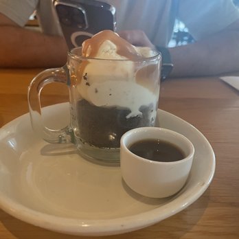 Sixty Vines - Deviled affogato dessert - so delicious. Chocolate cake, salted caramel ice cream and a shot of cold brew to pour on top. - Wine Bars Near Me - Winter Park, Florida