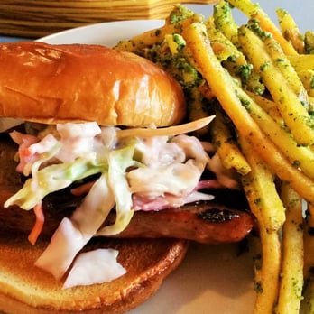 Council Rock Brewery - Beer-Braised Bratwurst w/ garlic-pesto fries. - Breweries Near Me - Cooperstown, New York Council Rock Brewery - Beer-Braised Bratwurst w/ garlic-pesto fries. - Breweries Near Me - Cooperstown, New York