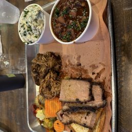 Brisket and Chopped pork with potato salad and beans