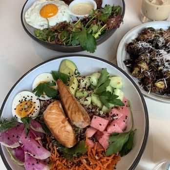 Two Hands - Salmon Quinoa Bowl, Waggu steak plate with Crispy Brussels Sprouts - Breakfast & Brunch Near Me - Nashville, Tennessee