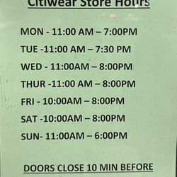 Citiwear - New Store Hours