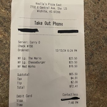 Knolla's Pizza - Receipt - Pizza Near Me - Wichita, Kansas