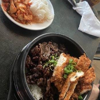 Kogi - Bulgogi and chicken katsu over white rice, side kimchi and pickled radish - Korean Near Me - Richmond, Virginia