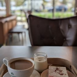 Qamaria Yemeni Coffee - Adeni Chai, Pistachio Yogurt, Rose milk cake.