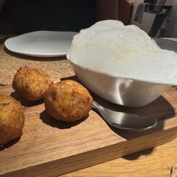Cod fritters with honey foam. Yum!!